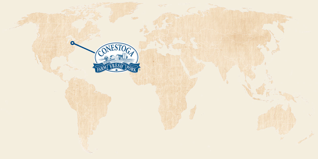 map showing all continents of the world with the logo of Conestoga Meats situated in Southern Ontario, Canada
